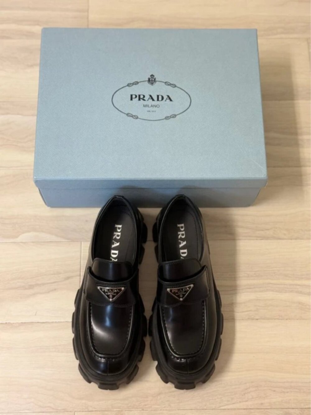 Prada Brushed Leather Monolith Loafers